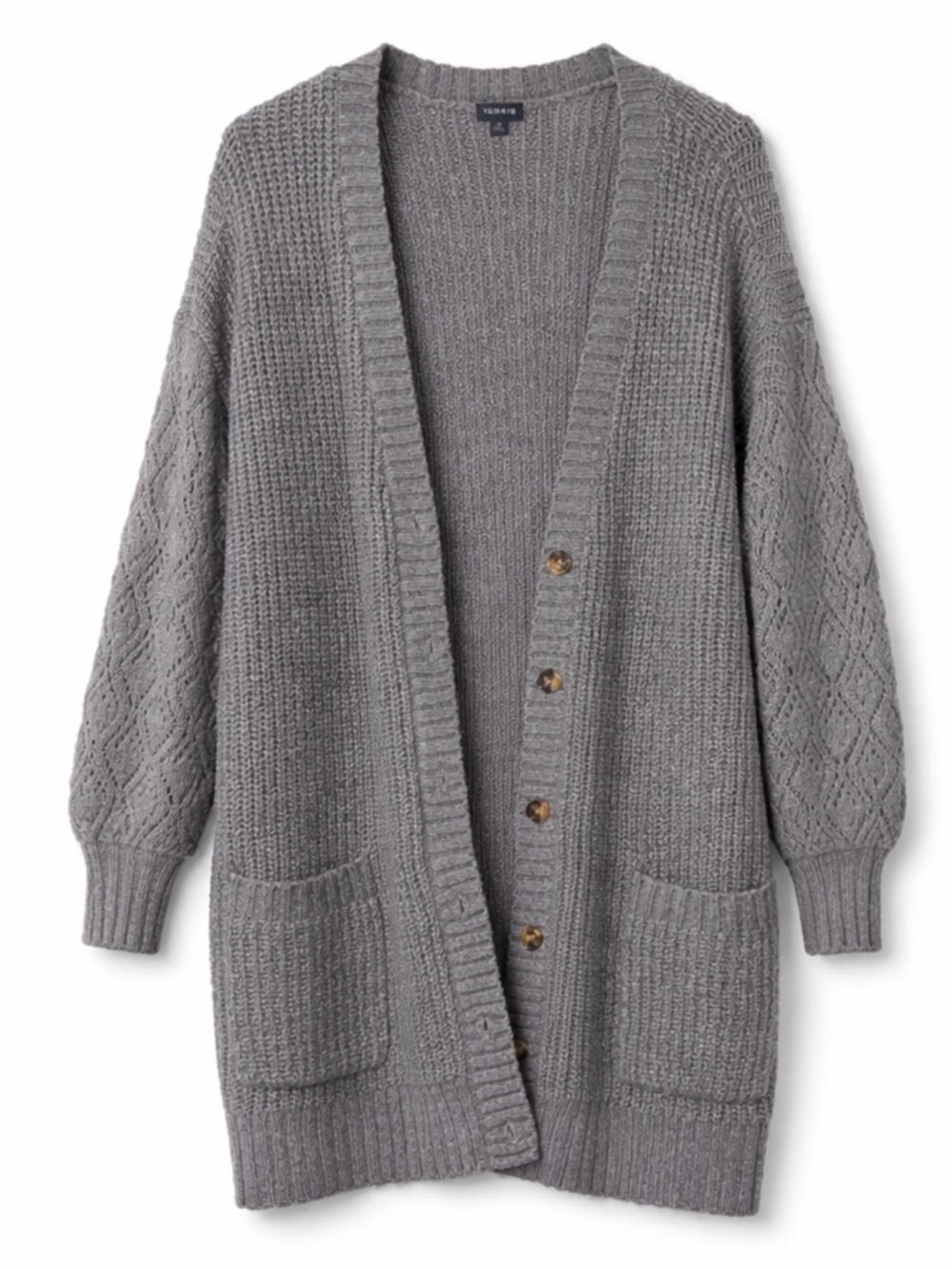 Torrid Cozy Grey Open-Front Knit Cardigan with Textured Sleeves - Size 2